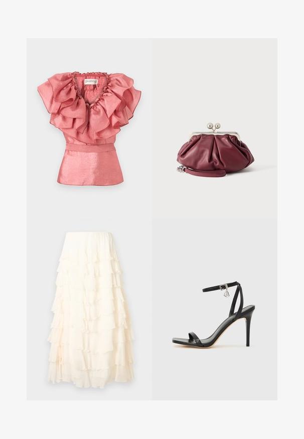 Haut sans manches rose en tissu brillant avec un grand col à volants superposés, cintré à la taille avec une subtile basque.; Jupe midi couleur crème avec des volants en couches et une ceinture élastique, présentée sur un fond uni.; Sandale à talon haut noire avec une bride étroite à la cheville, bout carré, cuir lisse et accent de boucle métallique.; Petite pochette en cuir bordeaux avec fermoir en métal argenté et bracelet pour poignet sur fond blanc.
