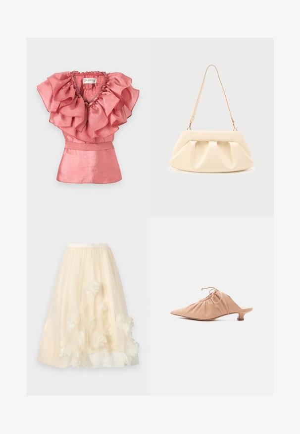Haut sans manches rose en tissu brillant avec un grand col à volants superposés, cintré à la taille avec une subtile basque.; Jupe longue en tulle crème avec une doublure intérieure et des appliques florales 3D dispersées près de l'ourlet.; Mule pour femme en cuir beige avec bout pointu, dessus froncé, lien de serrage et petit talon kitten, sur fond blanc.; Sac à main en cuir couleur crème avec des plis froncés, des ferrures dorées, et une seule bandoulière fine sur un fond uni.