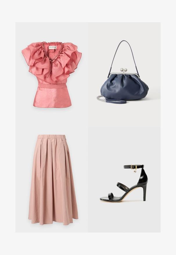 Haut sans manches rose en tissu brillant avec un grand col à volants superposés, cintré à la taille avec une subtile basque.; Jupe plissée rose clair avec une taille élastique, présentant une texture de tissu douce et un design fluide s'étendant jusqu'à mi-mollet.; Sandale en cuir verni noir avec trois brides, boucle de cheville et talon aiguille de 10 cm. Présente un détail en métal doré et un charm logo.; Sac à main en cuir bleu marine doux avec fermeture à boucle argentée, une seule bandoulière, et une chaîne de poignet amovible sur fond blanc.