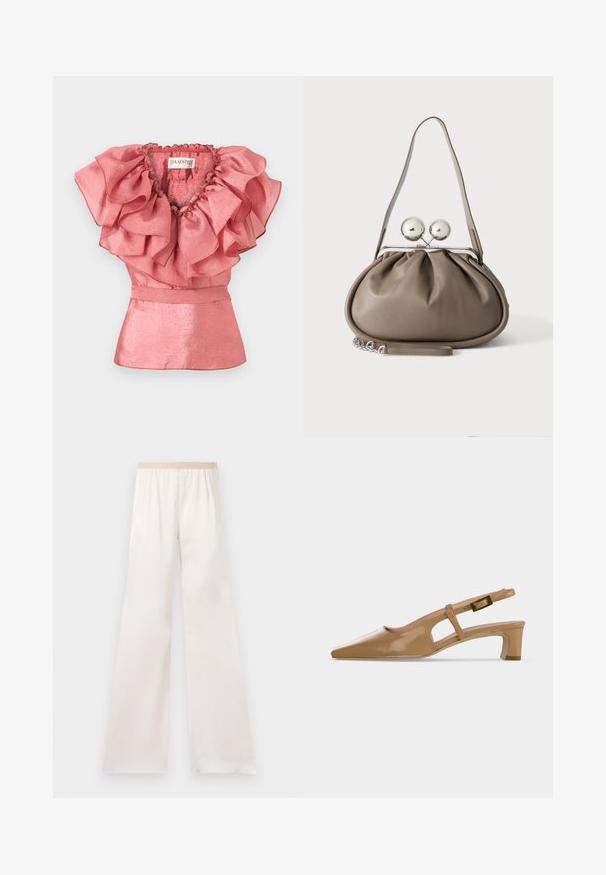 Haut sans manches rose en tissu brillant avec un grand col à volants superposés, cintré à la taille avec une subtile basque.; Pantalon ample couleur crème à taille haute avec une ceinture élastique beige, présenté sur un fond clair uni.; Chaussure slingback en cuir verni beige avec bout pointu, talon bloc bas et bride réglable avec boucle sur fond blanc.; Sac à main en cuir gris de forme arrondie, fermeture supérieure avec deux grandes sphères argentées, et une seule anse.