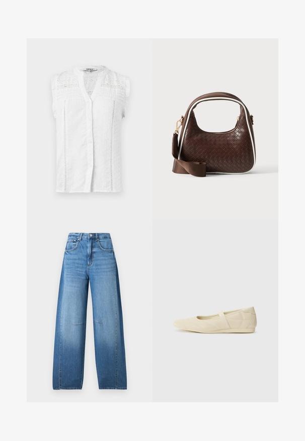 Blouse sans manches blanche avec un devant boutonné, tissu texturé, accents en dentelle et épaules froncées. Présente un col classique et des motifs délicats.; Jean taille haute, coupe large en denim bleu clair avec un effet délavé, présentant une fermeture à bouton, cinq poches et des détails de couture.; Ballerines beiges avec une exterior en cuir lisse, un bout en forme d'amande et une sangle élastique sur le coup de pied, avec des détails de couture subtils.; Sac à main en cuir tressé marron avec passepoil blanc, fermeture éclair dorée et bandoulière amovible en tissu marron.