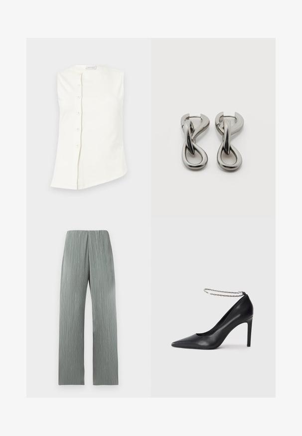 Haut blanc sans manches avec un col rond et une fermeture asymétrique à boutons sur le devant comportant six boutons sur le côté gauche.; Pantalon large gris clair à taille haute avec des lignes texturées verticales, présenté sur un fond blanc uni.; Escarpin noir en cuir avec un bout pointu, doté d'une fine bride de cheville en chaîne argentée et d'une texture lisse et élégante.; Paire de boucles d'oreilles en métal argenté avec un motif abstrait d'anneaux entrelacés sur fond blanc.