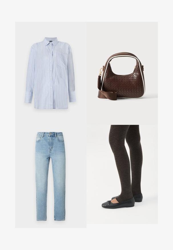 Blåstribet knap-up skjorte i let bomuld, med vertikale hvide og tynde guldstriber, en brystlomme og lange ærmer.; Lyseblå denimjeans med lige ben, fem-lomme-design, metalknaplukning og diskrete slidningsdetaljer foran.; Ben iført mørke ribbede leggings kombineret med sorte balletsko med små sløjfedetaljer på hvid baggrund.; Brun vævet læderhåndtaske med hvid piping, guldfarvet lynlås og aftagelig brun stofskulderrem.