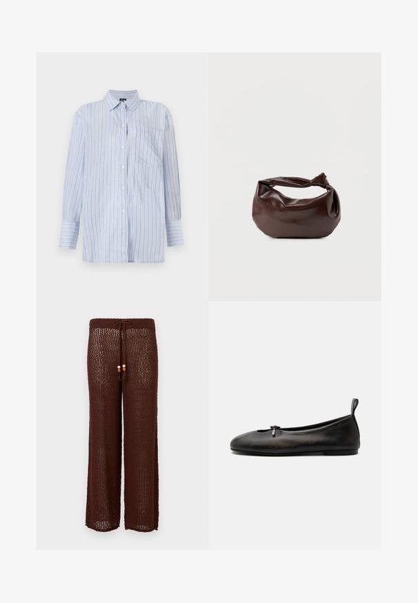 Chemise à boutons rayée bleue en coton léger, avec des rayures verticales blanches et fines rayures dorées, une poche poitrine et des manches longues.; Pantalons en maille marron à jambes larges avec taille à cordon de serrage et accents en perles en bois. Le tissu est semi-transparent avec un motif texturé.; Ballerine plate en cuir marron foncé avec un petit nœud sur le dessus et une languette au talon, vue de côté sur fond blanc.; Sac bandoulière en cuir marron foncé avec une forme souple et décontractée et une anse nouée torsadée sur un fond blanc uni.