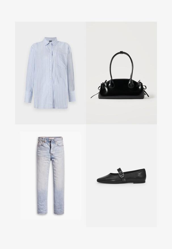 Gestreiftes Button-Up-Hemd in Blau aus leichtem Baumwollstoff, mit vertikalen weißen und dünnen goldenen Streifen, einer Brusttasche und langen Ärmeln.; Helle blaue Denim-Jeans mit geradem Bein, ausgestattet mit einem Knopfverschluss, fünf Taschen und dezenten Ausbleichungen entlang der Beine.; Schwarzer Lederflatschuh mit runder Zehenform, einem verstellbaren Schnallenriemen und einer glatten, glänzenden Oberfläche. Minimalistisches Design mit einem niedrigen Absatz.; Kleine schwarze glänzende Handtasche mit zwei langen Griffen und seitlichen Kordelzug-Details vor einfachem hellem Hintergrund.