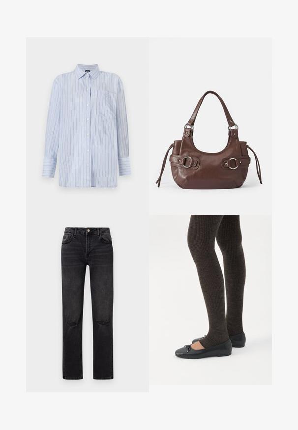 Chemise à boutons rayée bleue en coton léger, avec des rayures verticales blanches et fines rayures dorées, une poche poitrine et des manches longues.; Jean en denim noir avec un design à jambe droite. Les caractéristiques comprennent deux poches avant, des accents déchirés au niveau des genoux et une fermeture à bouton.; Jambes portant des leggings côtelés foncés associés à des ballerines noires avec de petits détails en nœud sur fond blanc.; Sac à main en cuir marron de forme arrondie, avec quincaillerie argentée, deux anses latérales et une texture lisse. Dispose d'une seule poignée supérieure.