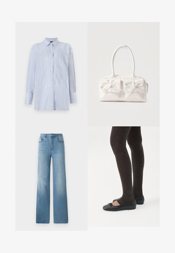 Camisa de botones a rayas azules en algodón ligero, con rayas verticales blancas y finas doradas, un bolsillo en el pecho y mangas largas.; Jeans de tiro alto en azul claro con un diseño de pierna recta. Confeccionados en denim, cuentan con cinco bolsillos y un cierre con botón.; Piernas con leggings oscuros acanalados combinados con bailarinas negras que presentan pequeños detalles de lazo sobre un fondo blanco.; Bolso sintético blanco con dos bolsillos delanteros, cada uno con un detalle de lazo atado. Textura suave, asas redondeadas y cierre de cremallera.