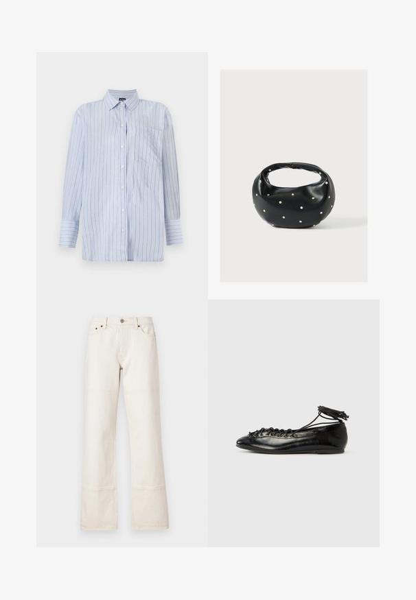Camisa de botones a rayas azules en algodón ligero, con rayas verticales blancas y finas doradas, un bolsillo en el pecho y mangas largas.; Jeans de pierna ancha y cintura alta hechos de denim beige. Cuentan con bolsillos, un cierre de botón en la parte frontal y costuras en contraste a lo largo de las costuras.; Zapatos planos tipo ballet de charol negro con punta redondeada, diseño con cordones y suela plana. Textura lisa con detalles mínimos.; Bolso de mano de cuero negro con forma redondeada, decorado con detalles de tachuelas plateadas y un asa corta. Textura lisa y cierre con cremallera.