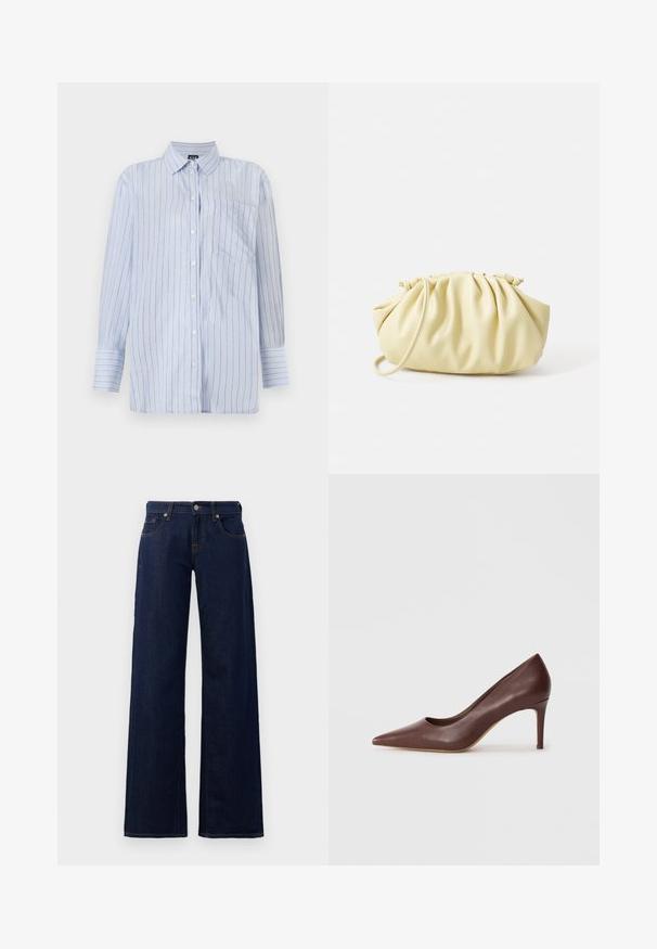 Blåstribet knap-up skjorte i let bomuld, med vertikale hvide og tynde guldstriber, en brystlomme og lange ærmer.; Vide ben jeans i mørkeblå denim med standard fem-lomme design, kobber søm og en knaplukning i taljen.; Brun læder højhælet sko med spids tå og et strømlinet design samt moderat stiletthæl, der har en glat tekstur og minimale detaljer.; Gul plisseret håndtaske lavet af glat kunstlæder, med en blød form, en enkelt skulderrem og samlet topdesign.