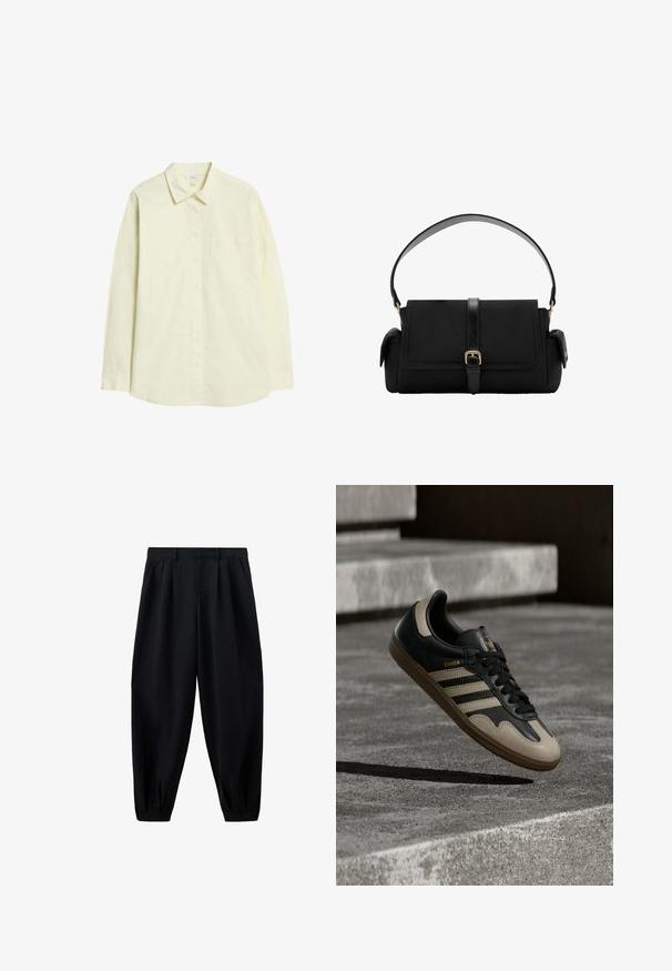 Chemise à manches longues jaune clair en coton, avec un devant à boutons, un col et une poche à la poitrine gauche. Texture lisse, coupe standard.; Pantalon noir taille haute effilé avec des plis à la taille et aux poignets, et des poches latérales, présenté sur fond blanc.; Baskets en cuir noir et beige avec trois bandes blanches, semelle en caoutchouc beige et détail en or "Samba" sur le côté.; Sac à main rectangulaire noir avec une poignée supérieure, une fermeture à rabat, des poches latérales et une sangle centrale avec une boucle dorée.