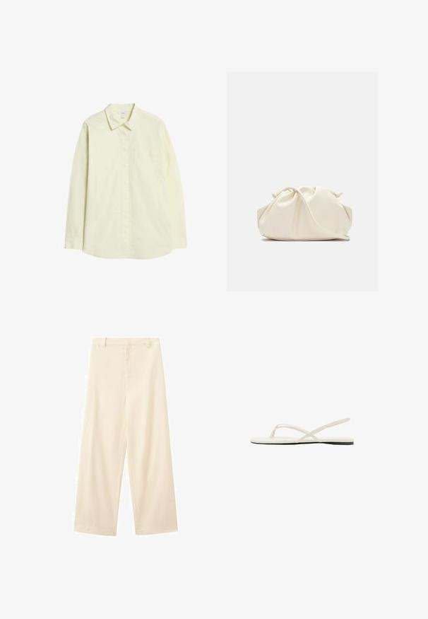 Chemise à manches longues jaune clair en coton, avec un devant à boutons, un col et une poche à la poitrine gauche. Texture lisse, coupe standard.; Pantalon beige à jambes larges avec passants de ceinture, devant plat et détails subtils de couture, présenté sur fond blanc.; Sandale plate blanche avec fines lanières croisées et une bride arrière, vue de côté sur fond blanc.; Pochette en cuir souple couleur crème avec un design froncé et une fine bandoulière reposant à l’avant sur un fond uni.