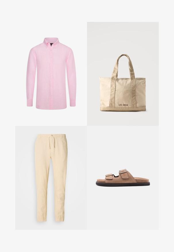 Langærmet skjorte med knapper i lyserød hør. Har en klassisk krave, knaplukning foran og glat tekstur.; Lys beige linnedragt med snørebånd i taljen, tætsiddende ben og elastiske manchetter. Simpelt design med en subtil tekstur.; Brun ruskinds slidessandal med sort sål, med to justerbare remme med spænder og hvide syninger, set fra siden på hvid baggrund.; Beige lærredstaske med to håndtag og en forlommer, "LES DEUX" broderet på lommen.