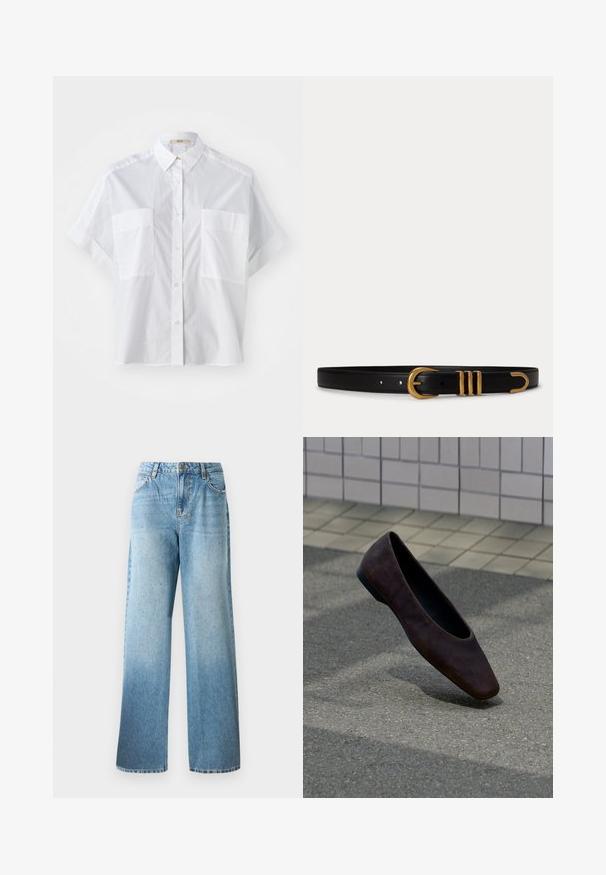Chemise blanche à manches courtes en tissu léger, dotée d'un col classique et de deux poches poitrine. Texture lisse avec une coupe ajustée.; Jean en denim bleu clair avec une coupe ample, des jambes droites et des embellissements subtils. Présente un design traditionnel à cinq poches et des passants de ceinture.; Chaussure plate marron foncé unique flottant au-dessus d'un sol texturé avec un mur carrelé en arrière-plan.; Ceinture en cuir noir avec une boucle dorée courbée et trois passants dorés sur fond blanc uni.
