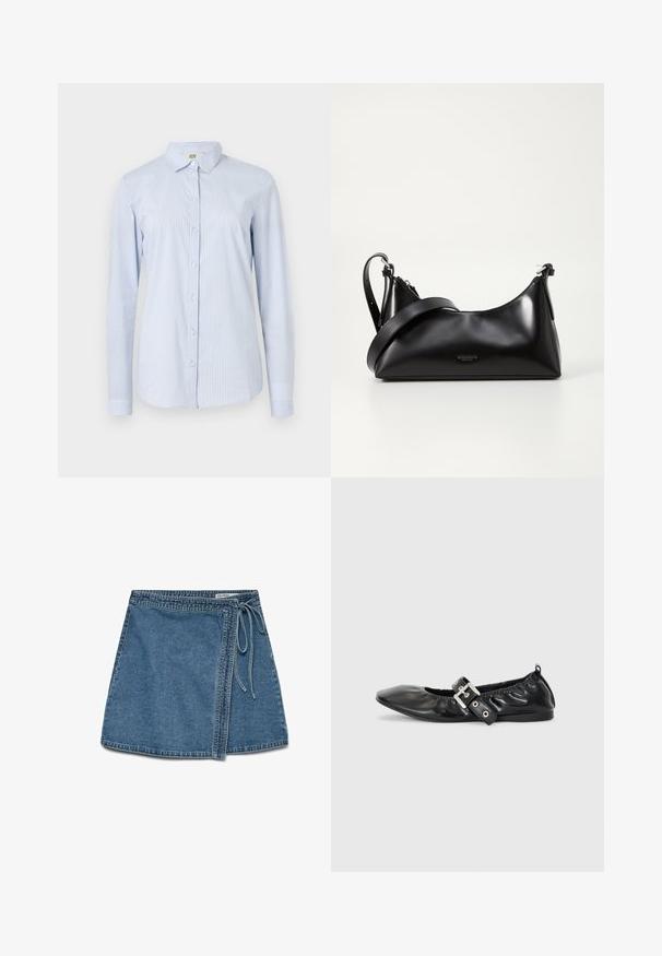 Blå og hvid stribet langærmet skjorte lavet af letvægtsbomuld. Den har en krave, knaplukning foran og en tætsiddende silhuet med manchetter på ærmerne.; Denim indigo omslagskørt i lys blå med et bånd i taljen, der har en lige pasform og en glat tekstur. Ingen synlige mønstre eller dekorationer.; Sorte læder flade sko med spids tå, samling detaljer omkring åbningen, og en sølv spænde accent på den justerbare rem.; Sort læderhåndtaske med en glat tekstur. Har en justerbar stropp og et enkelt, minimalistisk design med lynlås.