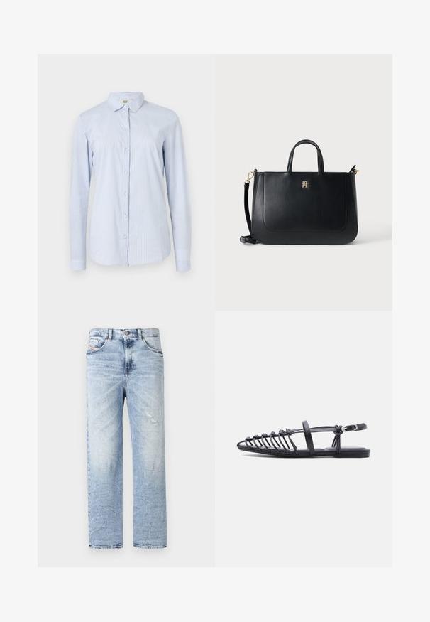 Blå og hvid stribet langærmet skjorte lavet af letvægtsbomuld. Den har en krave, knaplukning foran og en tætsiddende silhuet med manchetter på ærmerne.; Lyseblå denimjeans med lige pasform, der har let slid og et traditionelt femlomme-design. Klassisk taljebånd med knap.; Sort flad sandal med flere tynde remme, ankelrem med spænde og åben tå-burdesign på hvid baggrund.; Sort læderhåndtaske med en struktureret design, korte håndtag og en aftagelig skulderrem. Har et guld logo som accent på forsiden.