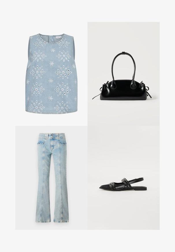 Haut sans manches bleu clair avec des motifs floraux brodés blancs répartis uniformément sur le tissu et un col rond.; Pepe Jeans FLARE VENUS ARCHIVE TINT - Jean flare - denim; Even&Odd by Zalando Ballerines à brides arrière - black; Petit sac à main noir brillant avec deux longues anses et des détails à cordon sur les côtés sur un fond clair uni.