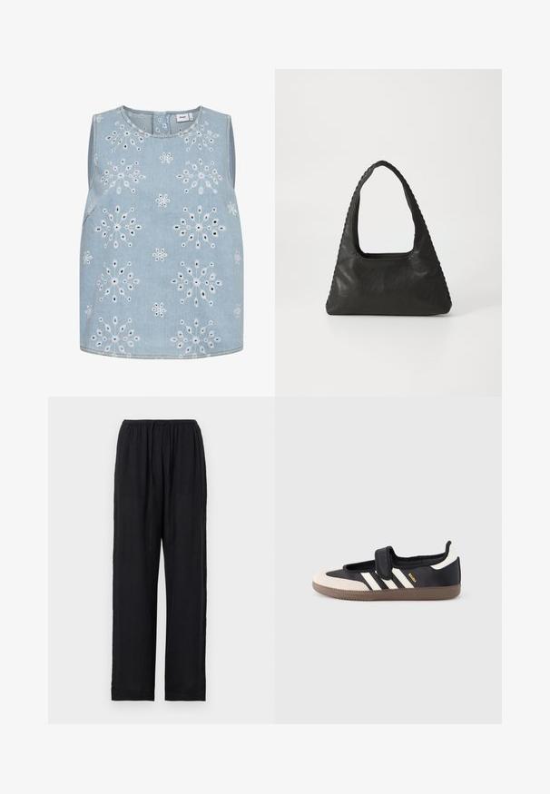 Haut sans manches bleu clair avec des motifs floraux brodés blancs répartis uniformément sur le tissu et un col rond.; Pantalon noir léger avec une ceinture élastique, des jambes droites et un ourlet simple. Confectionné dans un tissu doux et respirant.; Baskets noires et beiges avec une bride en velcro, trois bandes blanches sur le côté, et une semelle en caoutchouc marron texturée. Logo de la marque visible.; Sac à main en cuir noir de forme triangulaire, avec une grande poignée découpée et des coutures détaillées le long des bords. Texture lisse.