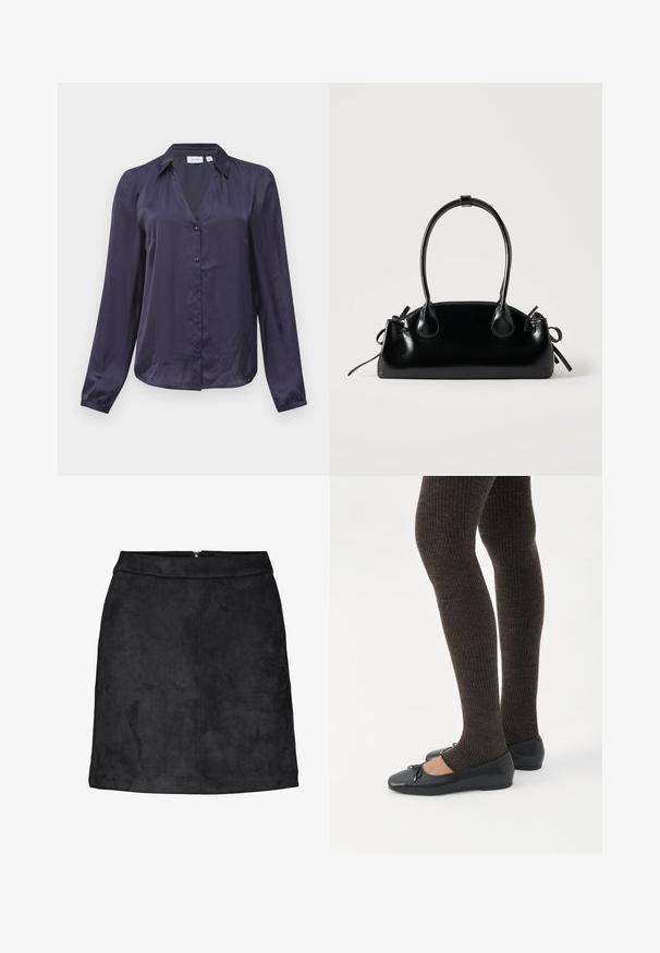 Blouse en satin bleu marine à manches longues, avec col et boutons sur le devant, poignets légèrement froncés et coupe ample.; Mini-jupe en daim noir à texture lisse, coupe droite, avec une fermeture éclair dissimulée au dos. Design minimaliste sans motifs ni accents visibles.; Jambes portant des leggings côtelés foncés associés à des ballerines noires avec de petits détails en nœud sur fond blanc.; Petit sac à main noir brillant avec deux longues anses et des détails à cordon sur les côtés sur un fond clair uni.