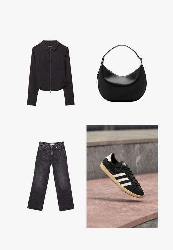 Veste noire courte avec un col, fermeture éclair à l'avant, manches longues et texture lisse. Design simple sans motifs ni accents visibles.; Jean noir à jambes larges, poches avant et fermeture par bouton, étiquette de taille 38 visible à la ceinture.; Baskets Adidas noires avec des bandes blanches et une semelle beige, capturées en plein air au-dessus d'une surface en pierre et d'un mur en pierre en arrière-plan.; Sac à main en cuir noir en forme de croissant avec une seule bandoulière ajustable et un design lisse et minimaliste.