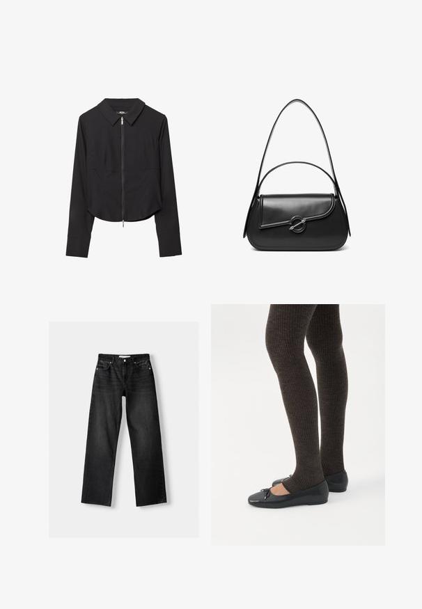 Veste noire courte avec un col, fermeture éclair à l'avant, manches longues et texture lisse. Design simple sans motifs ni accents visibles.; Bershka Jean droit - mottled dark grey; Jambes portant des leggings côtelés foncés associés à des ballerines noires avec de petits détails en nœud sur fond blanc.; Sac à bandoulière en cuir noir avec un rabat incurvé fermé par un fermoir métallique rond et une sangle fine et ajustable.
