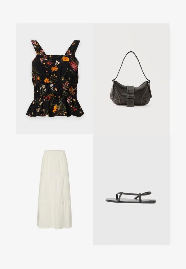 Top peplum noir à fleurs avec bretelles ajustables ; présente des motifs floraux colorés en rose et jaune, une taille froncée et un ourlet volanté.; Jupe maxi blanche à plusieurs niveaux, en tissu léger et texturé, dotée d'une taille élastique. Comprend trois sections de tissu distinctes.; Sandales plates noires avec des sangles fines et texturées, au design minimaliste. La semelle est lisse et la forme globale est élégante et discrète.; Sac à épaule en cuir noir avec une sangle à boucle, des bords arrondis et des coutures blanches contrastées sur un fond uni.
