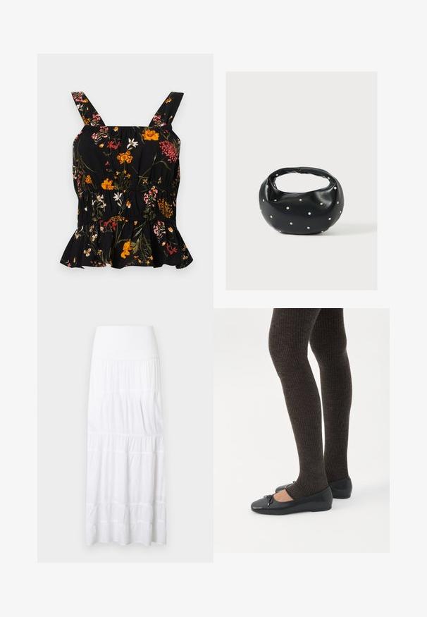 Top peplum noir à fleurs avec bretelles ajustables ; présente des motifs floraux colorés en rose et jaune, une taille froncée et un ourlet volanté.; Jupe maxi blanche à volants, réalisée en tissu léger. Elle présente une ceinture élastique et une texture subtile avec des coutures horizontales.; Jambes portant des leggings côtelés foncés associés à des ballerines noires avec de petits détails en nœud sur fond blanc.; Sac à main en cuir noir de forme arrondie, décoré de clous argentés et équipé d'une poignée courte. Texture lisse et fermeture éclair.