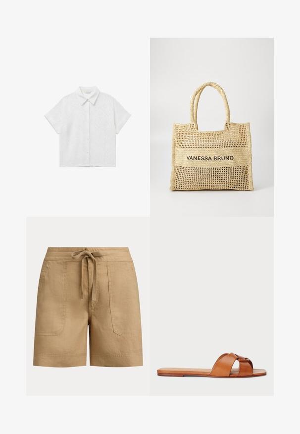 Chemise blanche à manches courtes avec col, motif floral embossé, boutonnage devant, coupe ample et manches retroussées, présentée sur un fond uni.; Shorts décontractés beige avec taille à cordon et poches plaquées à l'avant, fabriqués en tissu léger.; Sandale en cuir marron avec deux brides croisées et une semelle plate. Texture lisse avec un minimum de coutures et des bords arrondis.; Sac fourre-tout tissé beige avec deux poignées et "VANESSA BRUNO" imprimé en noir sur un panneau tissé solide au centre.