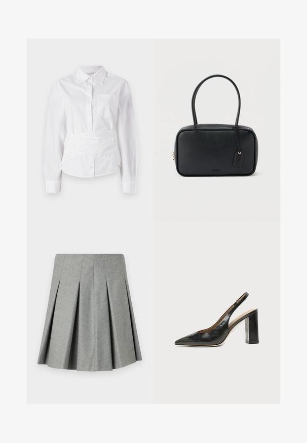 Camisa blanca de manga larga con cuello, botones en el frente, pequeño bolsillo en el pecho y diseño envolvente en la cintura. Tejido de algodón suave.; Falda gris con pliegues hecha de tejido texturizado, que presenta una cinturilla ajustada y un diseño acampanado. Sin hardware ni acentos visibles.; Zapato slingback de piel negra con puntera puntiaguda, tacón alto y ancho, y forro interior beige sobre un fondo claro y liso.; Bolso rectangular negro con asas dobles redondeadas, cremallera dorada y logo "HUGO" en relieve en el frente con etiqueta de cuero adjunta.