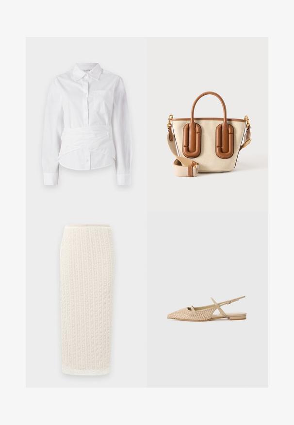 Hvid langærmet skjorte med krave, forreste knapper, lille brystlomme og indviklet design ved taljen. Glat bomuldsstof.; Lys beige midi nederdel med vertikal ribbet tekstur, blødt stof, elastisk talje og let udvidet kant. Ingen synlig hardware eller accenter.; Alexandre Birman TITA - Slingback-ballerinasko - cookie; Beige lærredstaske med brune læderhåndtag og detaljer, med en aftagelig beige lærred skulderrem med guldfarvet hardware.