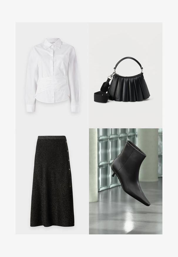 Chemise blanche à manches longues avec col, boutons sur le devant, petite poche poitrine et design enroulé à la taille. Tissu en coton doux.; Jupe midi noire avec un subtil éclat, dotée d'une taille ajustée et d'une rangée de boutons décoratifs sur le côté.; Bottine en cuir noir avec bout pointu et petit talon, présentée devant un mur en blocs de verre et un sol poli.; Sac à main noir en cuir plissé avec poignée courte et bandoulière large en tissu détachable sur fond blanc.