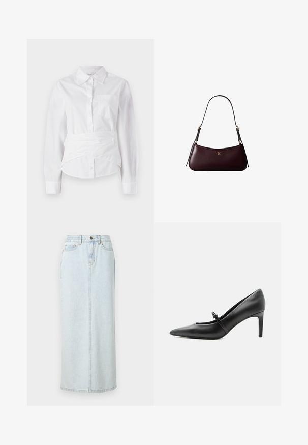 Camisa blanca de manga larga con cuello, botones en el frente, pequeño bolsillo en el pecho y diseño envolvente en la cintura. Tejido de algodón suave.; Falda maxi de mezclilla azul claro con diseño recto, cierre de botones en la parte frontal y costuras visibles. Cuenta con dos bolsillos frontales.; Zapato de tacón alto de cuero negro con punta puntiaguda, con tira fina y hebilla sobre el empeine, sobre fondo claro y neutro.; Bolso de mano de cuero burdeos oscuro con una delgada correa negra para el hombro y pequeño logo dorado "cK" en el centro delantero.