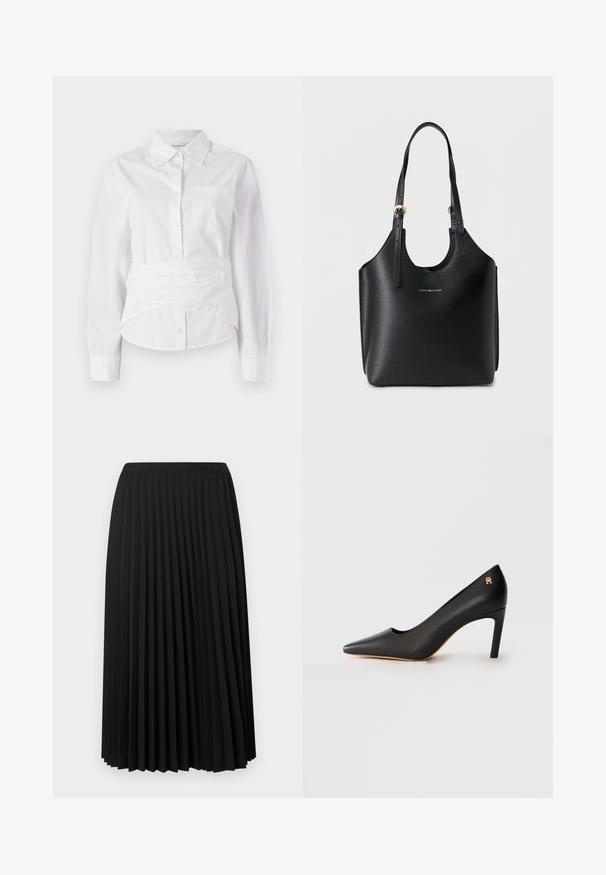 Camisa blanca de manga larga con cuello, botones en el frente, pequeño bolsillo en el pecho y diseño envolvente en la cintura. Tejido de algodón suave.; Falda midi negra plisada con cintura elástica. Presenta múltiples pliegues verticales para textura y movimiento. Hecha de una tela suave y ligera.; Zapato de tacón alto negro de piel con punta afilada y tacón stiletto de altura media, y pequeño emblema dorado cerca del tacón, sobre fondo blanco.; Bolso tote negro hecho de material texturizado, con una apertura redonda recortada, doble asa para el hombro y detalles en hardware dorado.