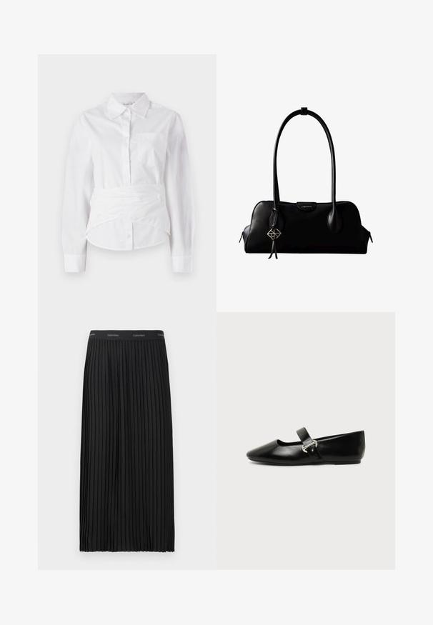 Camisa blanca de manga larga con cuello, botones en el frente, pequeño bolsillo en el pecho y diseño envolvente en la cintura. Tejido de algodón suave.; Falda midi negra plisada con cinturilla elástica, con el logotipo de Calvin Klein en blanco repetido.; Zapato plano Mary Jane de cuero negro con punta redondeada y hebilla plateada sobre un fondo liso.; Bolso de mano negro de cuero Calvin Klein con asas largas, una etiqueta con el logo frontal y un colgante geométrico plateado que cuelga de una de las asas.