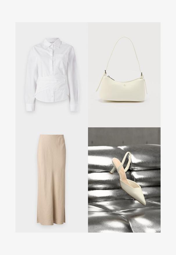 Hvid langærmet skjorte med krave, forreste knapper, lille brystlomme og indviklet design ved taljen. Glat bomuldsstof.; Samsøe Samsøe AGNETA LONG SKIRT - Maxinederdele - white pepper; Enkelt hvid spids slingback højhælet sko liggende på en skinnende, metallisk sølv tuftet overflade.; Lille hvid tekstureret læderhåndtaske med en buet lynlås øverst, enkelt skulderrem og et minimalt metal-logo midt for.
