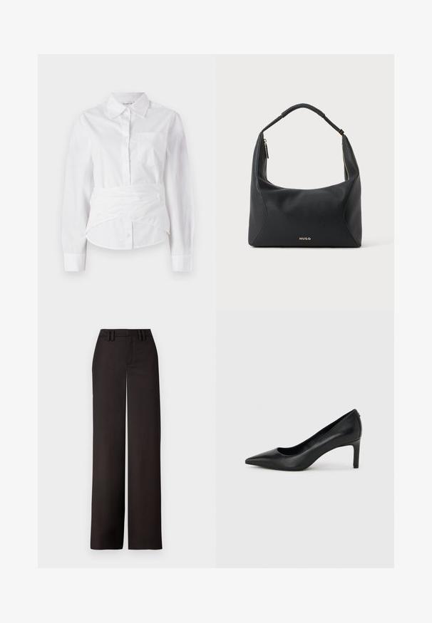 Chemise blanche à manches longues avec col, boutons sur le devant, petite poche poitrine et design enroulé à la taille. Tissu en coton doux.; Pantalons noirs à jambes larges avec un devant plat, passants de ceinture et une texture lisse, conçus pour un ajustement près du corps. Aucun matériel ou motif visible.; Escarpin à bout pointu en cuir noir avec un talon fin de hauteur moyenne sur un fond gris clair uni.; Sac à épaule en cuir noir avec anse tressée, détail de fermeture éclair dorée et petit logo "HUGO" doré au centre à l'avant.