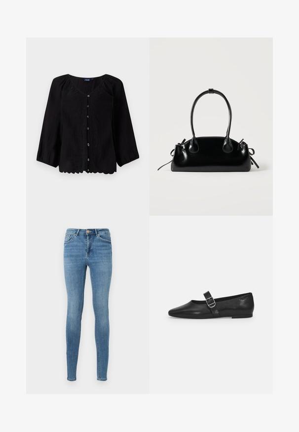 Blouse noire à boutons sur le devant avec des manches trois-quarts, col en V, tissu texturé et broderie florale sur le devant. Détail d'ourlet festonné.; Jean skinny taille haute bleu avec poches avant, passants pour ceinture, fermeture à boutons et légère décoloration sur les cuisses et les genoux.; Chaussure plate en cuir noir avec un bout arrondi, une seule sangle réglable à boucle et une texture lisse et brillante. Design minimaliste avec un petit talon.; Petit sac à main noir brillant avec deux longues anses et des détails à cordon sur les côtés sur un fond clair uni.