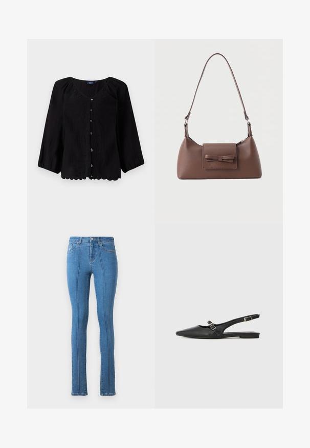 Blouse noire à boutons sur le devant avec des manches trois-quarts, col en V, tissu texturé et broderie florale sur le devant. Détail d'ourlet festonné.; Jean skinny en denim bleu avec une taille haute et une coupe ajustée. Présente des détails de couture le long des coutures ainsi que des poches typiques à l'avant et à l'arrière.; Chaussures slingback en cuir noir avec un bout pointu, comprenant une lanière étroite et un accent de boucle argentée sur le côté. Semelle plate.; Sac à bandoulière en cuir marron avec une poche à rabat avant ornée d'un détail en forme de nœud cousu et une sangle réglable.