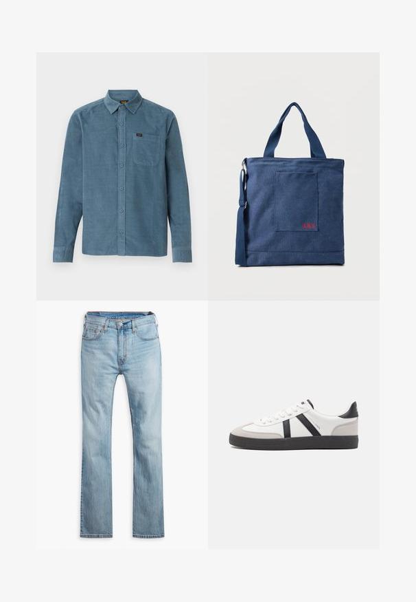 Chemise à manches longues en velours côtelé bleu, dotée d'un col boutonné, d'une poche avant et d'un branding subtil sur la poche.; Jean en denim bleu clair, design à jambe droite, avec cinq poches, surpiqûres contrastantes et fermeture à bouton à la taille.; Baskets blanches avec des accents noirs et gris, présentant un embout texturé gris, une semelle en caoutchouc noir et des lacets plats blancs. Design épuré, style minimaliste.; Sac fourre-tout en toile bleue avec poche frontale et broderie rouge "O.N.S", doté de doubles poignées et d'une bandoulière réglable.