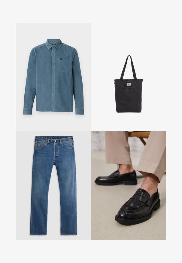 Camisa de manga larga de pana azul, con cuello tipo botonera, bolsillo frontal y un sutil branding en el bolsillo.; Vaqueros de mezclilla azul de pierna recta con cinco bolsillos, presillas para el cinturón y un cierre frontal con botón y cremallera sobre un fondo liso.; Mocasines de cuero negro con un acabado suave, que cuentan con una correa decorativa y costuras en contraste, combinados con pantalones beiges.; Bolso tote de mezclilla negra con asas largas, bolsillo delantero y pequeña etiqueta blanca encima del bolsillo sobre un fondo liso.