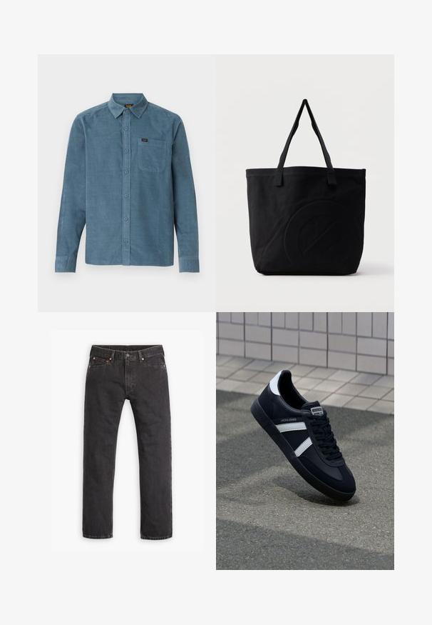 Camisa de manga larga de pana azul, con cuello tipo botonera, bolsillo frontal y un sutil branding en el bolsillo.; Jeans de mezclilla negros de pierna recta con cinco bolsillos, cierre de botón y remaches de cobre, dispuestos en plano sobre un fondo blanco.; Zapatilla de cuero negra con rayas blancas, suela de goma texturizada y parte frontal con cordones. Cuenta con una etiqueta de marca en la lengüeta.; Bolsa tote de lona negra con dos correas para el hombro y un diseño circular en relieve sutil en el frente.