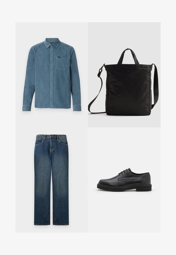 Camisa de manga larga de pana azul, con cuello tipo botonera, bolsillo frontal y un sutil branding en el bolsillo.; Jean de mezclilla en azul oscuro con un diseño de pierna recta. Las características incluyen una cintura con botón, pasadores para cinturón y bolsillos frontales. Textura suave.; Zapato de cuero negro con punta redondeada, acabado liso y costuras mínimas. Presenta un cierre con cordones y una suela de goma gruesa y texturizada.; Bolsa de mano de nailon negro con asas cortas y una correa de hombro desmontable, que presenta un diseño acolchado elegante y acentos de hardware mínimos.