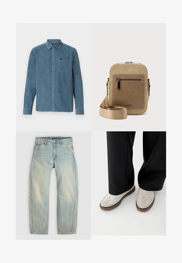 Langarmshirt van blauwe corduroy, met een button-down kraag, een frontzak en subtiele branding op de zak.; Lichtblauwe jeans met wijde pijpen, gemaakt van denim. Heeft vijf zakken, een knoopsluiting en vervaagde plekken voor een versleten uitstraling.; Voeten met beige sneakers met bruine zolen en zwarte wijde broekspijpen op een witte achtergrond.; Kleine beige crossbodytas met een voorvak met ritssluiting, metalen ALDO-logo, verstelbare brede band en afgeronde rechthoekige vorm op een witte achtergrond.