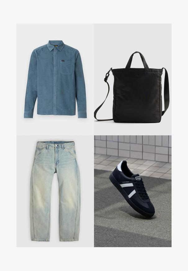 Chemise à manches longues en velours côtelé bleu, dotée d'un col boutonné, d'une poche avant et d'un branding subtil sur la poche.; Jean large couleur bleu clair en denim. Comprend cinq poches, une fermeture par bouton et des zones délavées pour un aspect usé.; Sneaker en cuir noir avec des rayures blanches, semelle en caoutchouc texturée et devant à lacets. Présente une étiquette de marque sur la languette.; Sac en nylon noir avec des poignées courtes et une bandoulière amovible, présentant un design élégant matelassé et des accents de matériel minimalistes.