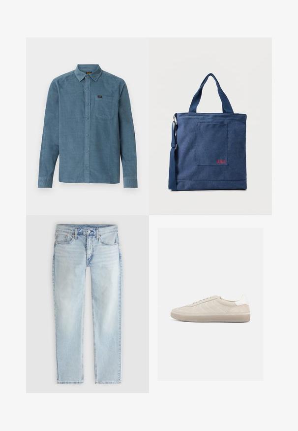 Langærmet skjorte i blå kordfløjl med button-down krave, frontlomme og subtil branding på lommen.; Lyseblå jeans med lige ben, frontlås med knap og lynlås, lommer foran og bagpå samt synlige sømdetaljer.; Beige ruskindssneaker med en tekstureret overdel, glat hvid hælkappe, tynde snørebånd og en gummi-ydersål. Har et lavt profil design.; Blå lærredstote taske med frontlomme og rød "O.N.S" broderi, med to håndtag og en justerbar skulderrem.