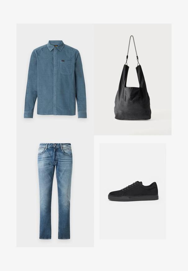 Camisa de manga larga de pana azul, con cuello tipo botonera, bolsillo frontal y un sutil branding en el bolsillo.; Jeans rectos azules con detalles deslavados, botón frontal y bolsillos, exhibidos sobre un fondo blanco liso.; Zapatilla deportiva negra de corte bajo con cordones delanteros y suela de goma plana, mostrada de lado sobre un fondo blanco.; Bolsa de mano de tela negra suave con asas anchas y una delgada correa de hombro trenzada en negro y blanco.