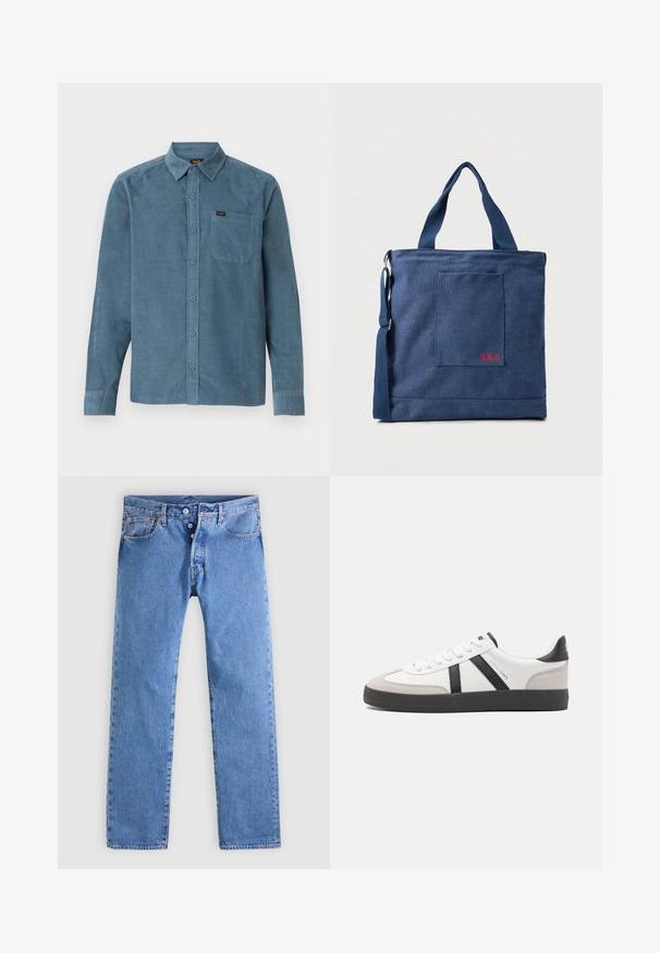Camisa de manga larga de pana azul, con cuello tipo botonera, bolsillo frontal y un sutil branding en el bolsillo.; Vaqueros de mezclilla azul claro con diseño de pierna recta, cinco bolsillos y cierre de dos botones. Presentan un desvanecimiento mínimo y costuras en contraste.; Zapatilla blanca con acentos en negro y gris, que presenta una puntera texturizada en gris, suela de goma negra y cordones planos blancos. Diseño limpio, estilo minimalista.; Bolso tote de lona azul con bolsillo frontal y bordado rojo "O.N.S", con asas dobles y una correa ajustable para el hombro.
