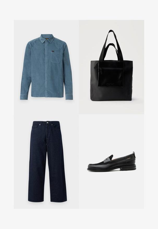 Langarmshirt van blauwe corduroy, met een button-down kraag, een frontzak en subtiele branding op de zak.; Donkerblauwe denim wijde pijpen jeans met een knoopsluiting, voorzakken en een subtiele textuur, met rechte zomen en een ontspannen pasvorm.; Zwarte leren loafer met grijs riemdetailelement, lage hak en gestructureerde zool, aan de zijkant gebrandmerkt met "HUGO" in goud.; Zwarte boodschappentas met voorvak met ritssluiting en dubbele handvatten, afgebeeld tegen een effen lichte achtergrond.
