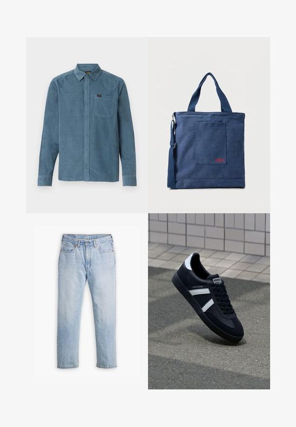 Camisa de manga larga de pana azul, con cuello tipo botonera, bolsillo frontal y un sutil branding en el bolsillo.; Jeans de mezclilla azul claro con un diseño de pierna recta, estilo de cinco bolsillos y costuras en contraste. Cierre de botón y cremallera en la cintura.; Zapatilla de cuero negra con rayas blancas, suela de goma texturizada y parte frontal con cordones. Cuenta con una etiqueta de marca en la lengüeta.; Bolso tote de lona azul con bolsillo frontal y bordado rojo "O.N.S", con asas dobles y una correa ajustable para el hombro.