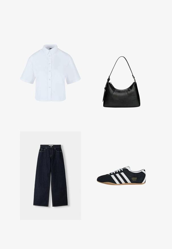 Chemise blanche à manches courtes, raccourcie, avec un col classique et des boutons effet perle, fabriquée en tissu lisse.; Jean large en denim bleu foncé à taille haute, avec cinq poches, des coutures contrastées et des éléments en métal argenté. Texture lisse et finition soignée.; Sneakers en suede noir avec trois bandes blanches, logo doré et semelle en caoutchouc marron. Présente un design à lacets à profil bas.; Sac à main noir en simili cuir avec une forme incurvée, poignée courte, fermeture éclair et un motif texturé subtil sur la surface.