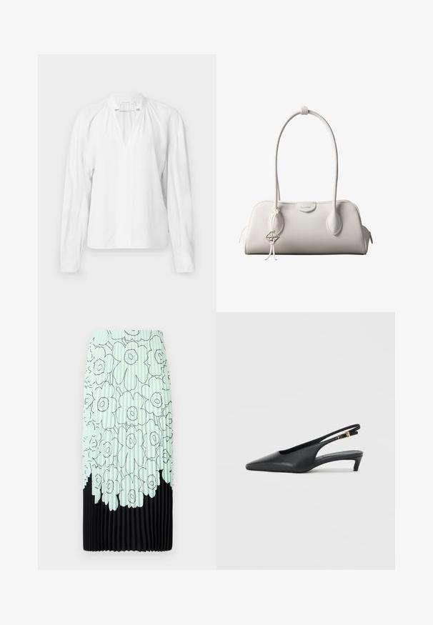 Blusa blanca de manga larga con escote en V, detalles fruncidos en el cuello y una tela suave y ligera. Diseño simple y minimalista.; Falda midi plisada con un estampado floral verde menta y dobladillo negro. Presenta rayas verticales y una textura suave.; Zapatos de tacón estilo slingback negros con punta afilada, textura de cuero suave, un tacón bajo tipo kitten heel y una correa con un detalle de hebilla metálica.; Bolso de hombro blanco de Calvin Klein con asas largas, forma rectangular, cierre de cremallera y charm decorativo con el logo colgando cerca del asa.